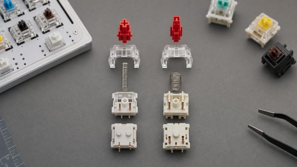 Two red-stem keyboard switches disassembled side by side, revealing different springs, internal parts and pin layouts.