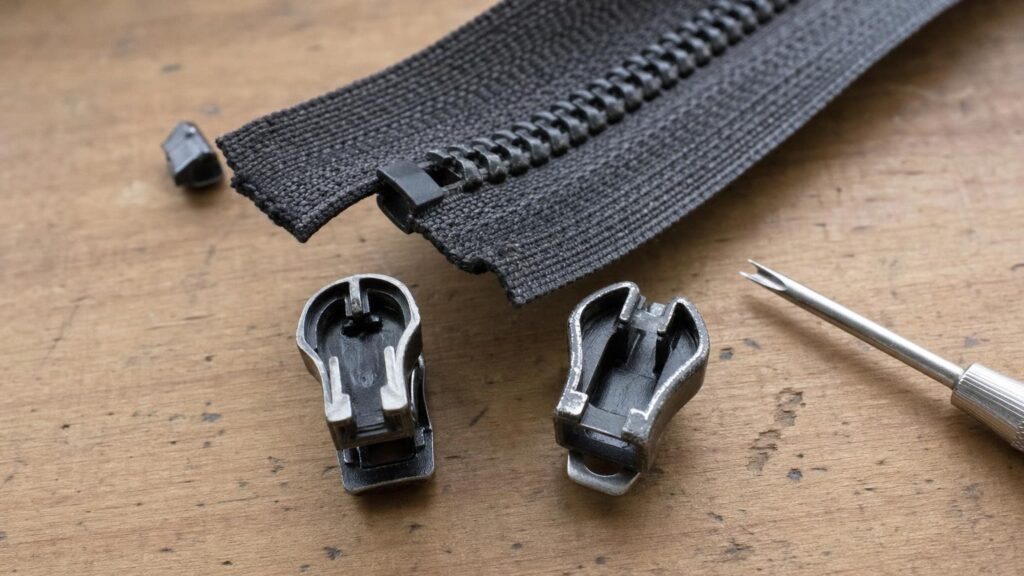 Two similar zip sliders with different internal channels beside the open end of a coil zip.