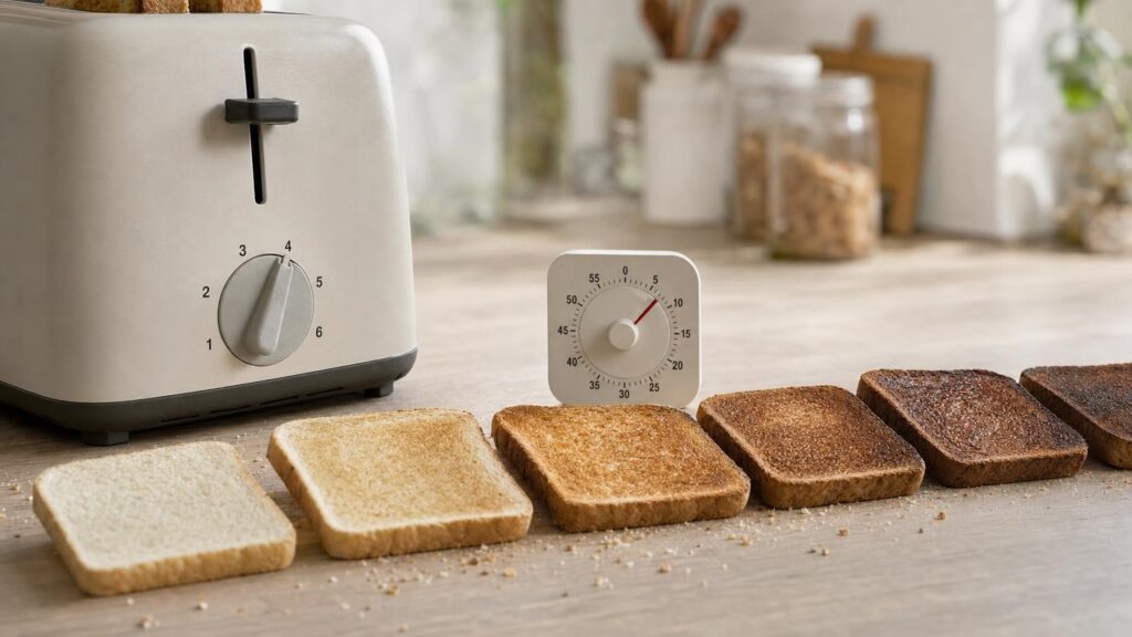 Unbranded toaster set to 4 beside a timer and slices ranging from lightly to darkly toasted.