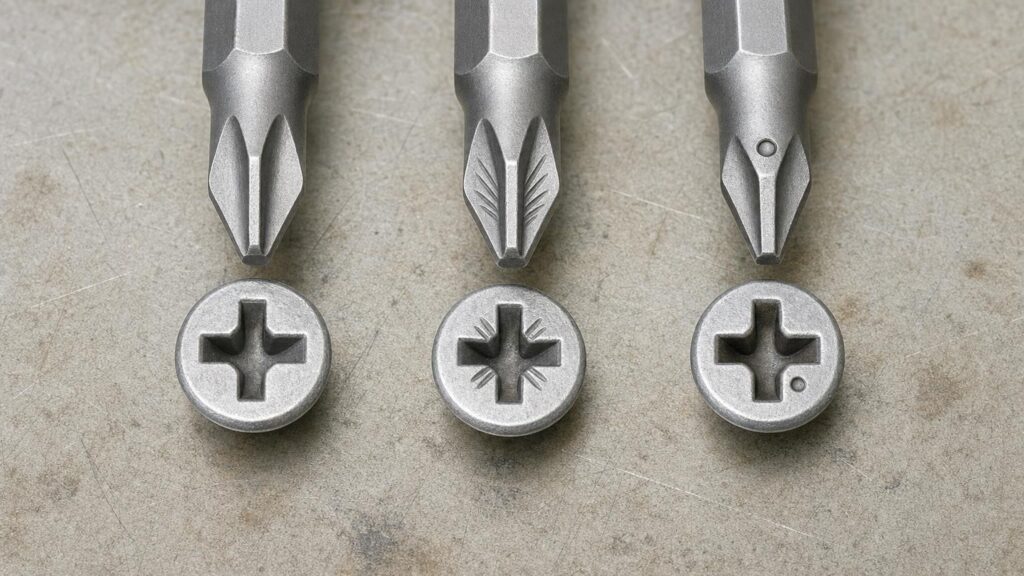 Three similar cross-head screws paired with distinctly shaped Phillips, Pozidriv and JIS-style driver tips on a workbench.