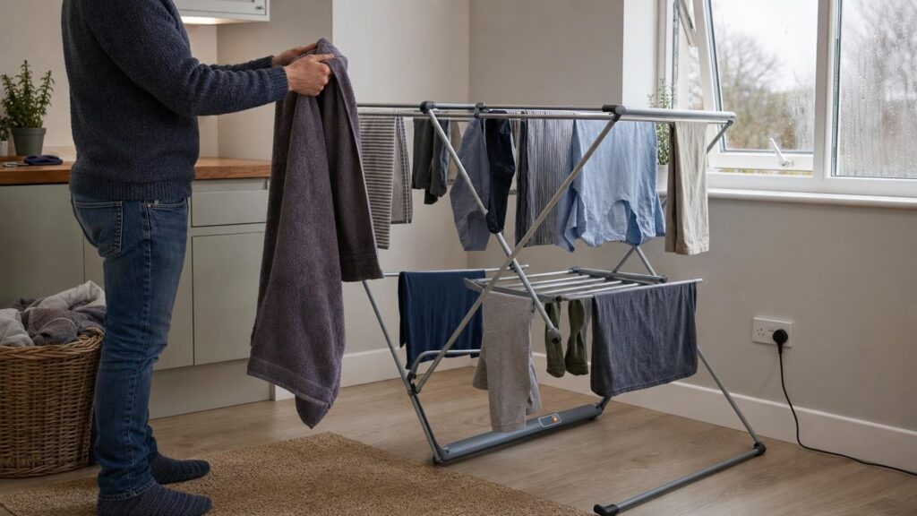 An adult spaces laundry on a heated clothes airer beside a slightly open window in a compact utility room.