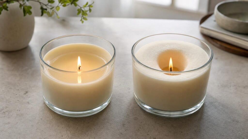Two lit glass candles side by side, one with an even melt pool and one burning down a narrow tunnel through solid wax.