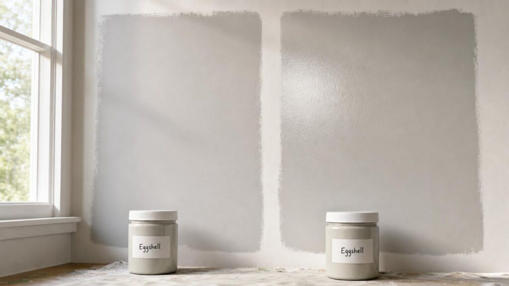 Two same-colour wall swatches reflect window light differently above unbranded paint pots both labelled Eggshell.