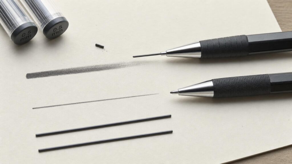 Two unbranded mechanical pencils with equal-width leads produce a dark smudged line and a lighter crisp line, with a snapped lead fragment beside one tip.