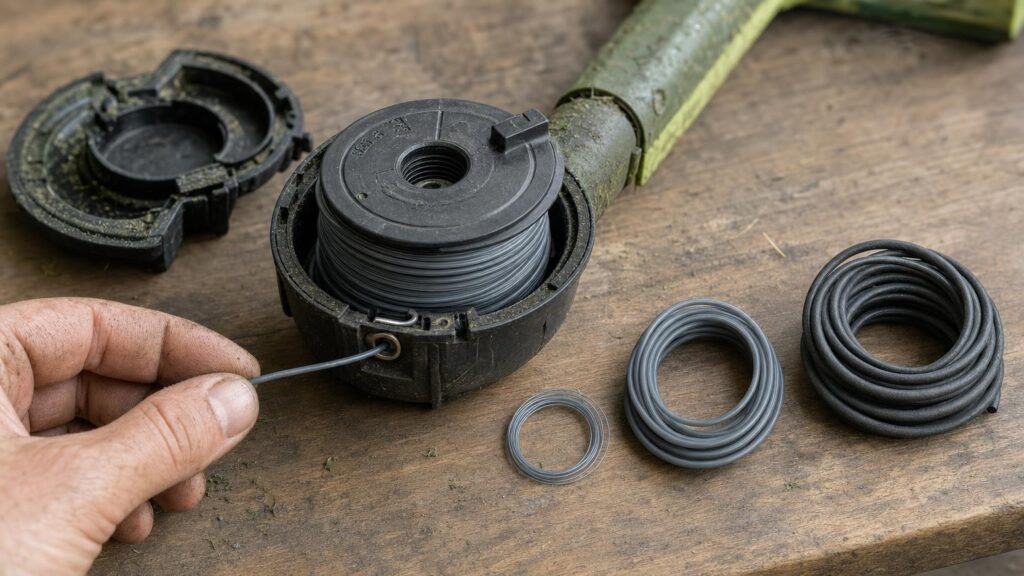 An open trimmer head with medium line wound neatly on the spool beside thinner and thicker line samples.