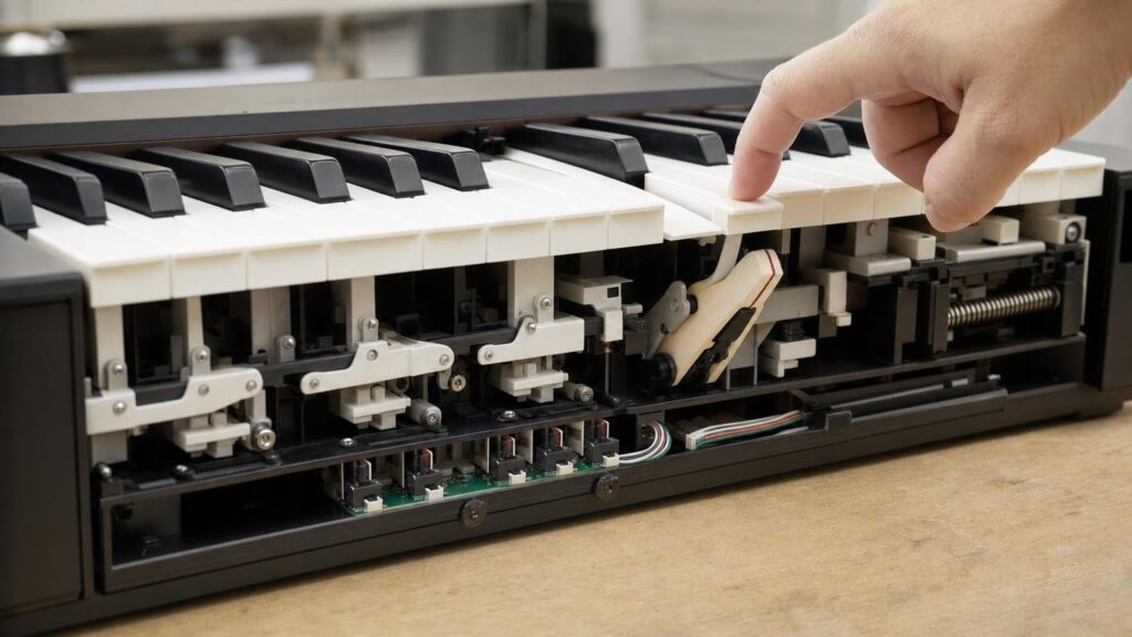 A hand presses an exposed digital piano key, revealing its pivot, hammer mechanism and electronic sensors.