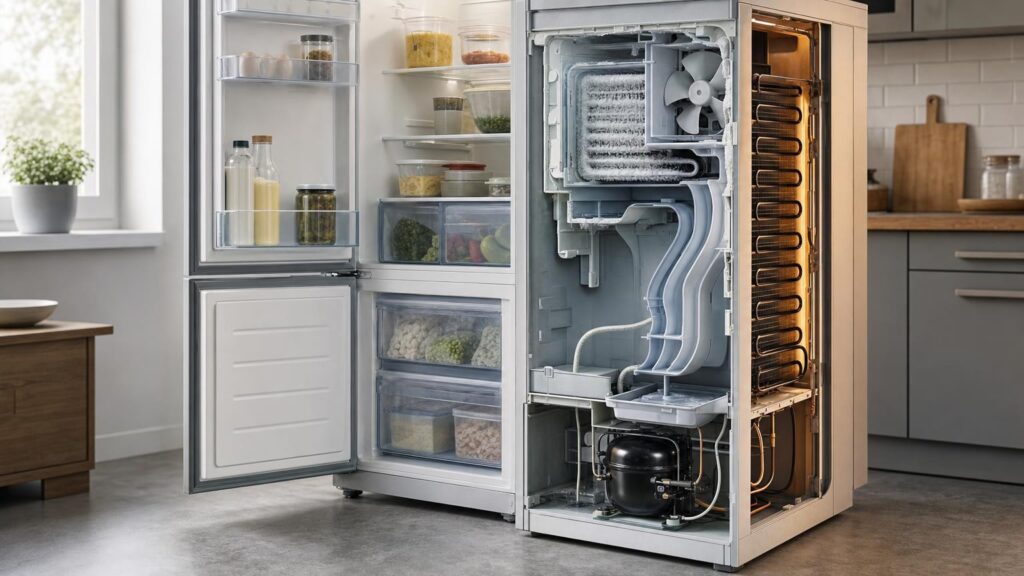 Cutaway view of a frost-free fridge-freezer showing its fan, frosted evaporator, air ducts, drain, compressor and condenser.