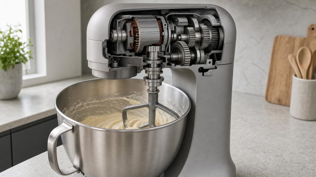 Cutaway view of a stand mixer showing its motor, reduction gears and planetary beater working above a curved bowl of batter.