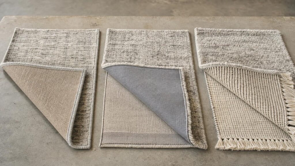 Three rug samples folded back to show machine-woven, tufted and hand-knotted underside structures.