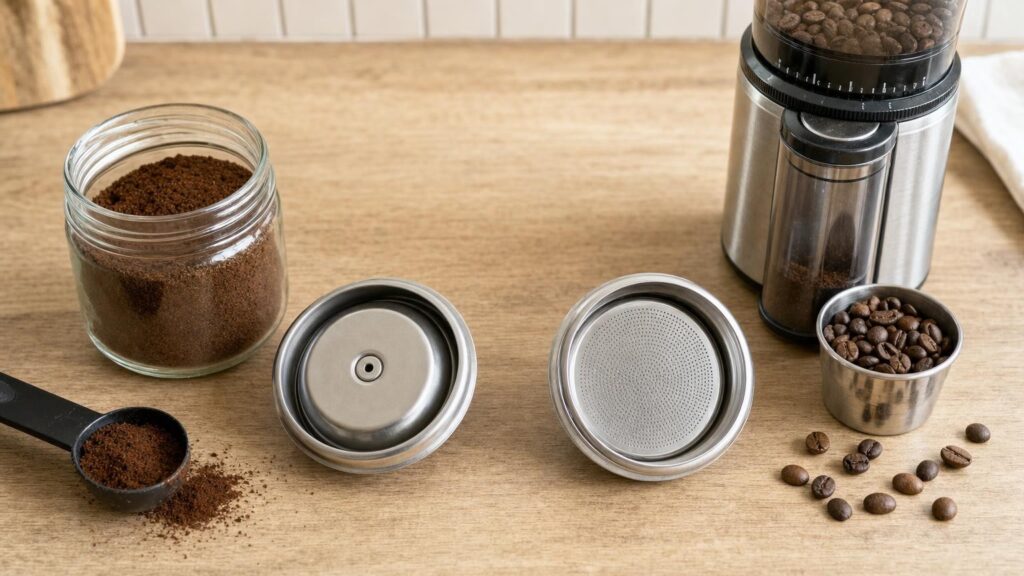 Pressurised and traditional espresso baskets shown beside pre-ground coffee and a burr grinder respectively.