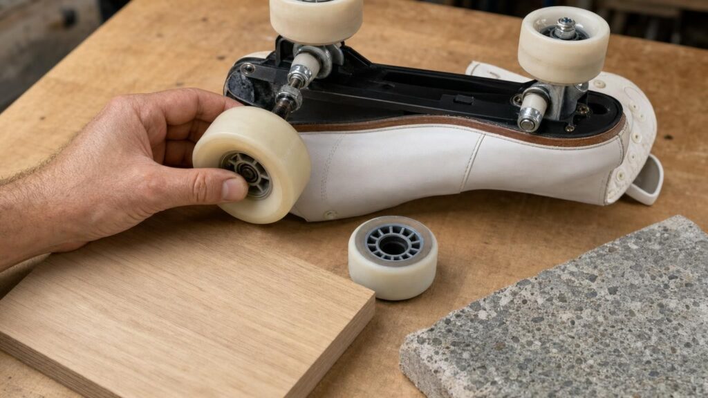 A hand compares two different roller skate wheels beside an upside-down skate, with smooth wood and rough concrete surface samples nearby.