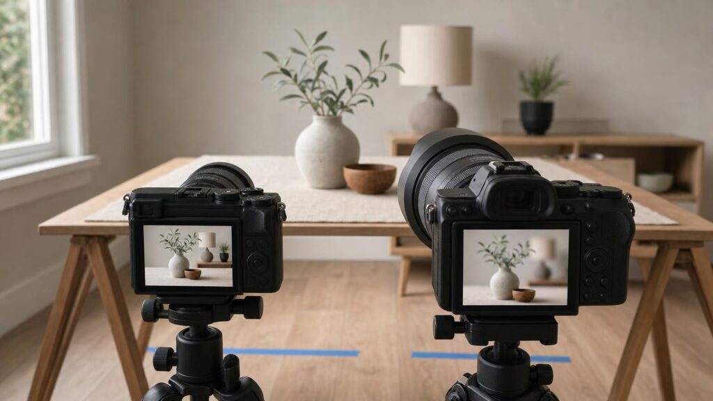 Two different-size cameras at the same position show matching compositions with different background blur on their rear screens.