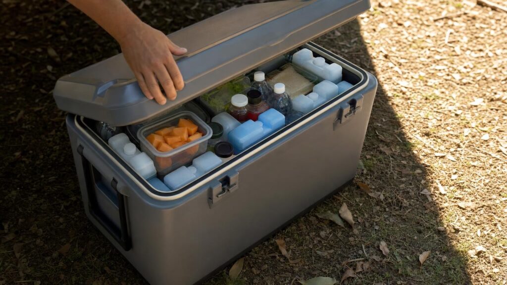 A hand closes a thick-lidded cool box packed tightly with chilled food, bottles and freezer packs in the shade.