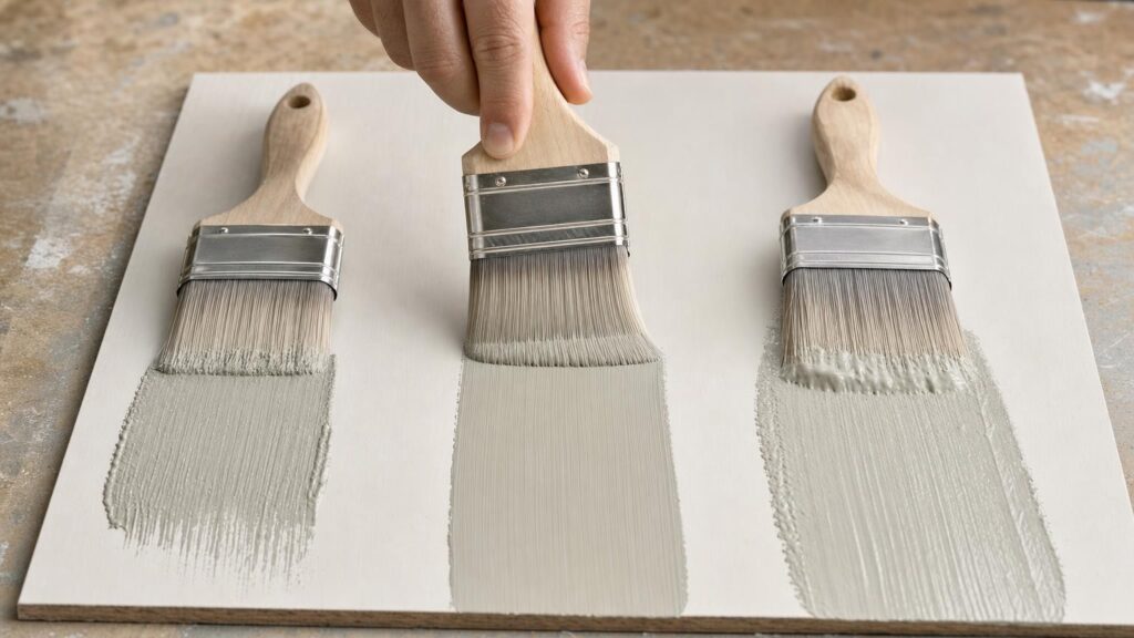 Three same-width paintbrushes produce an even clean-edged stroke, a tramlined stroke and a heavier less precise stroke on a test panel.