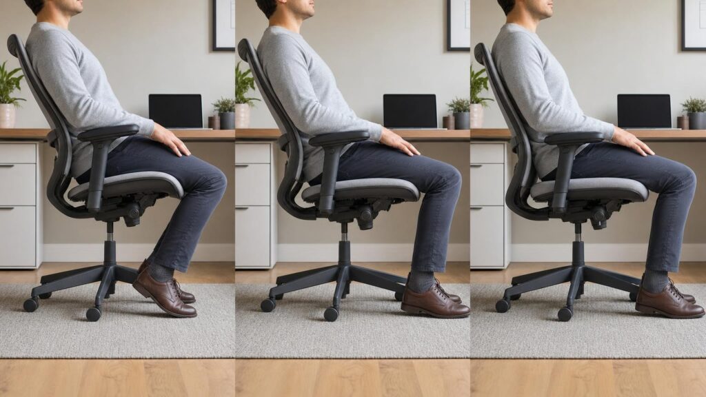 Side-by-side views of an adult reclining in office chairs whose seats and backrests move in different ways.