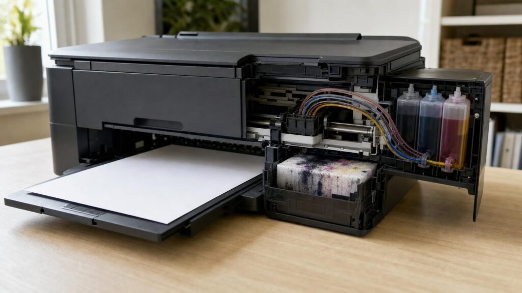 Cutaway view of an inkjet printer showing ink tubes leading to the printhead and a stained waste-ink pad above a blank output sheet.