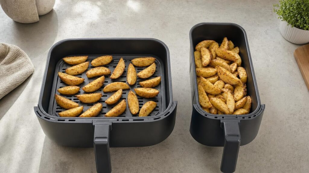 The same quantity of potato wedges lies in one layer in a wide air-fryer basket and overlaps in a narrower, deeper basket.