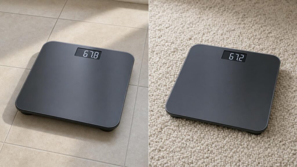 Identical digital bathroom scales show slightly different readings on tile and carpet.