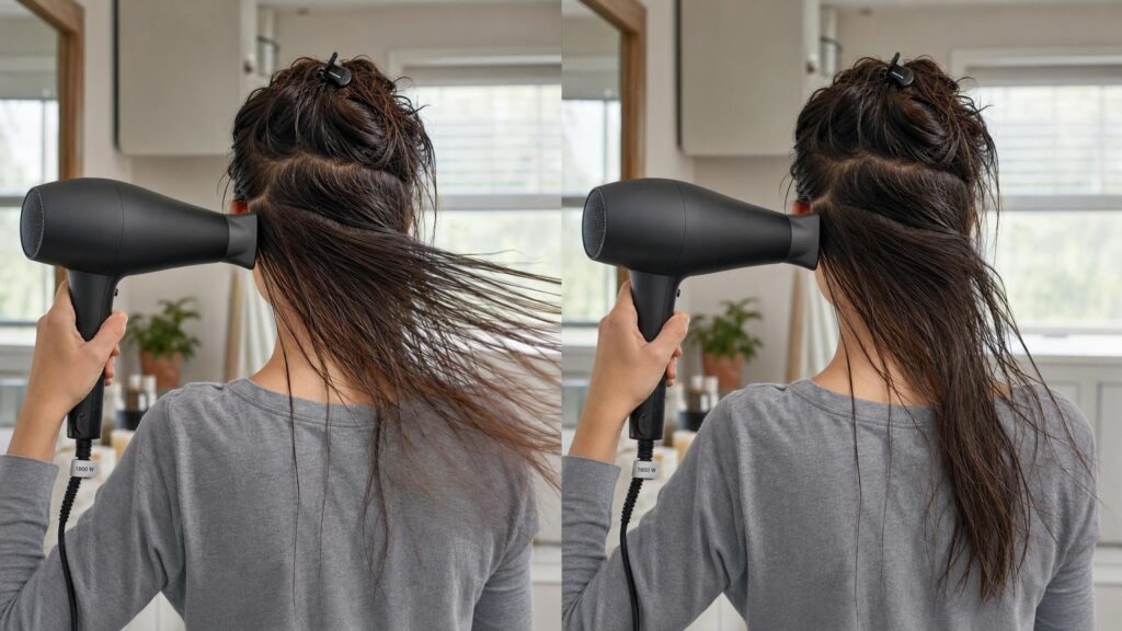 Side-by-side views of the same person using two 1800-watt hair dryers that create visibly different airflow through damp hair.