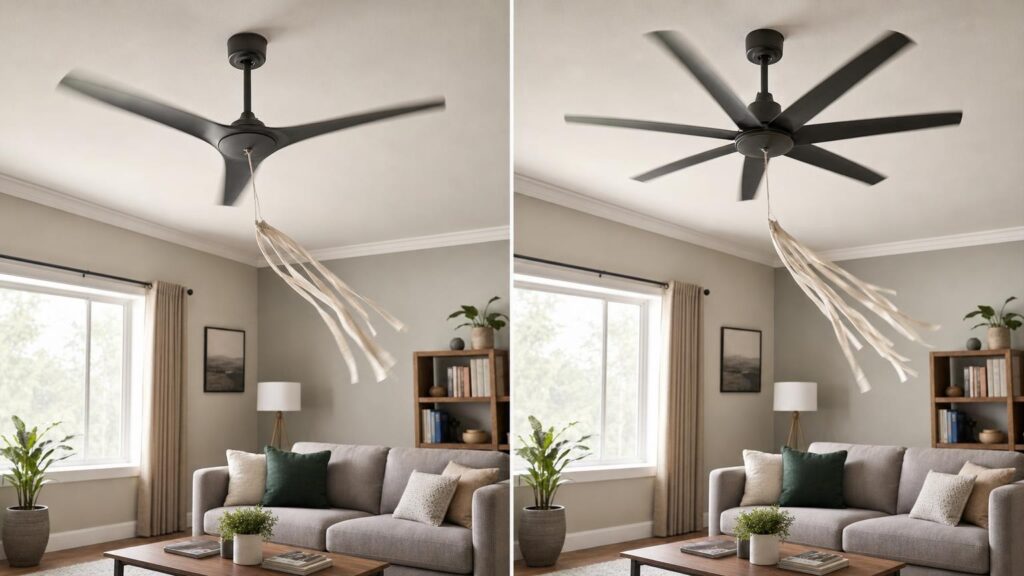 Side-by-side views of three-blade and six-blade ceiling fans producing similar movement in fabric strips below.