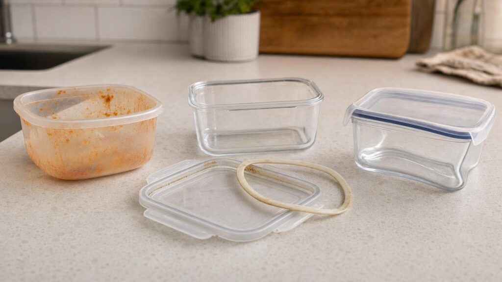 Three used food containers showing an orange stain, a discoloured lid gasket and a warped rim that prevents the lid from closing.