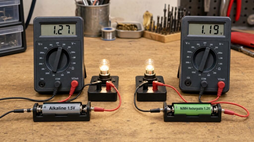A 1.5V alkaline AA and 1.2V NiMH AA power identical test loads while digital meters measure their voltage under use.