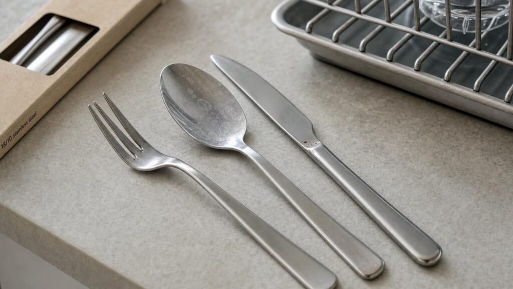 Matching stainless-steel spoon, fork and knife showing faint water marks, a small rust spot and slight bending beside an 18/10 package label.