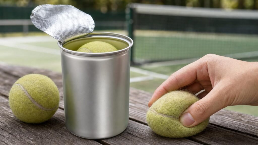 An open unbranded tennis-ball can beside a hand gently compressing an older, worn ball on a courtside bench.