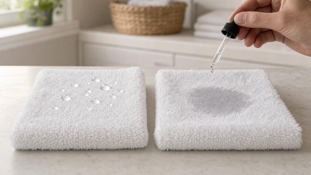 A hand tests two cotton towel swatches with water, which beads on one and absorbs into the other.