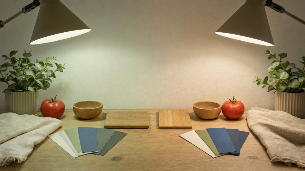 Two identical lamps cast subtly different white light over colourful fabrics, food and a wooden tabletop.