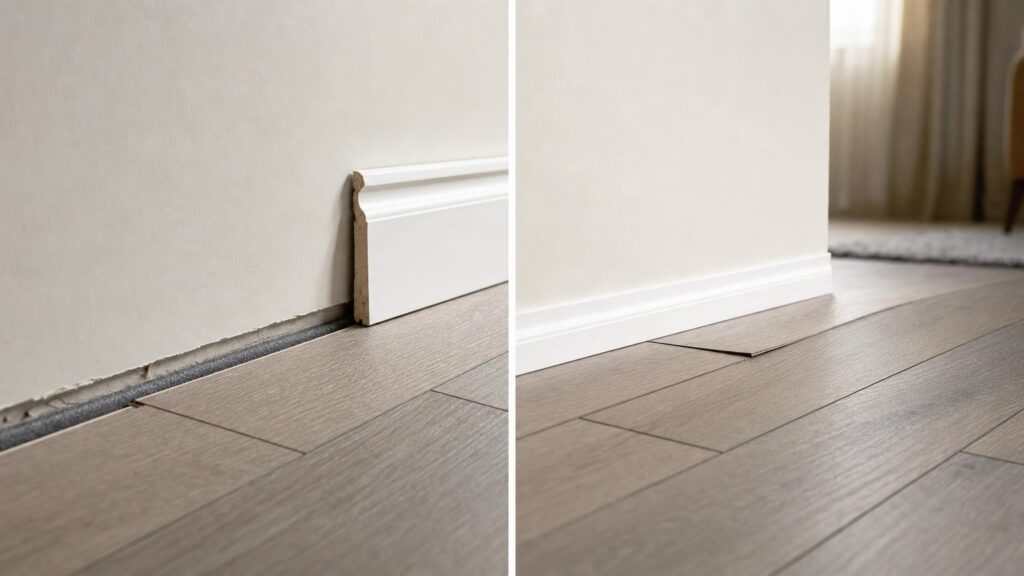 Side-by-side floor edges showing flat planks with an expansion gap and peaked planks pressed tightly against a wall.
