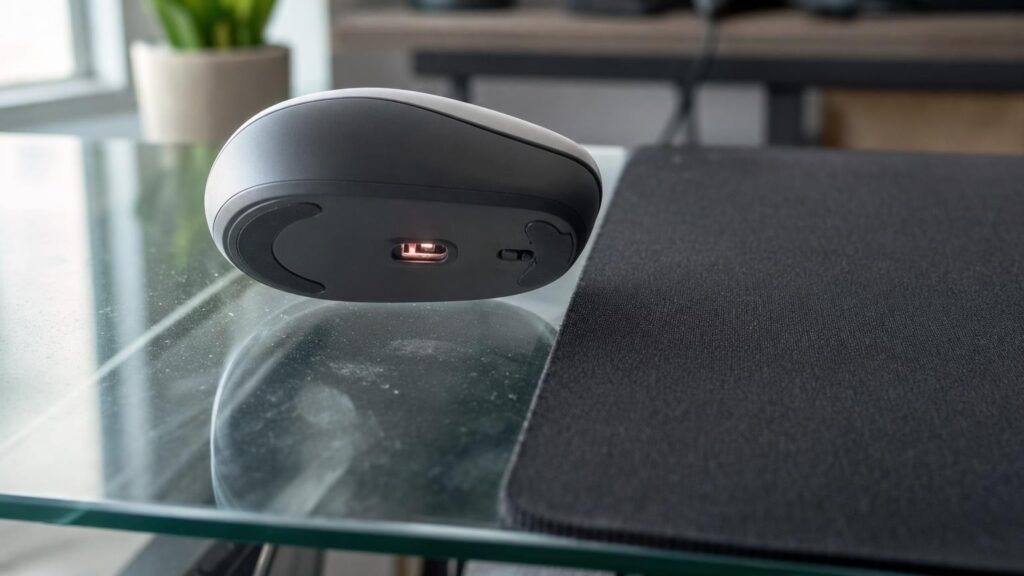 An unbranded optical mouse on a clear glass desk beside a textured fabric mouse pad, with its sensor visible through the glass.
