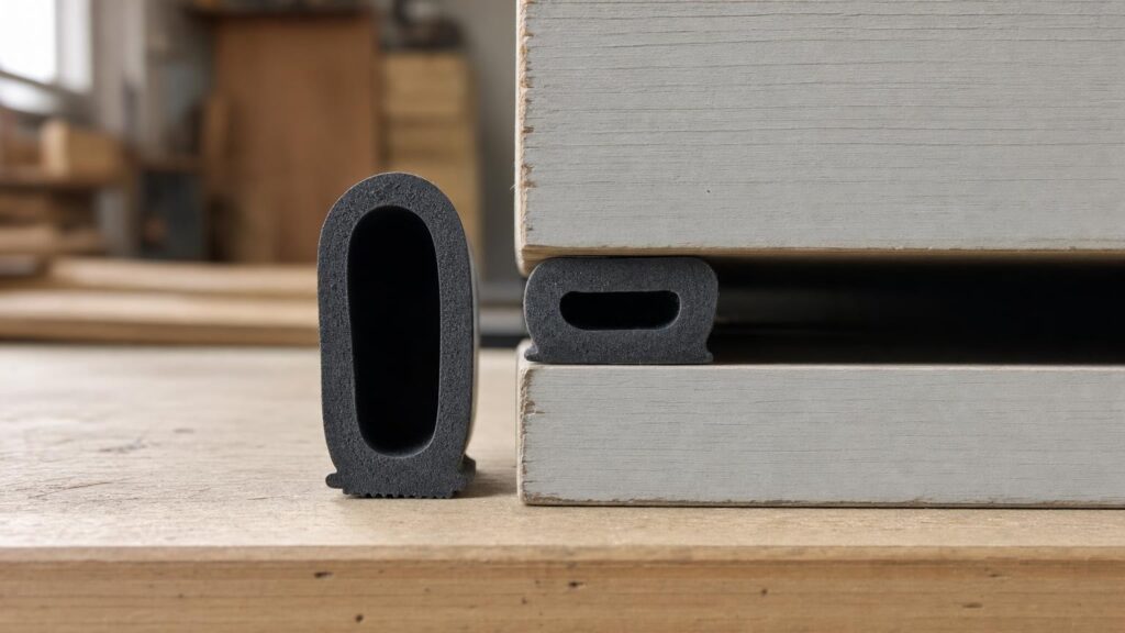 Identical hollow rubber weatherstrips shown uncompressed and compressed inside a narrower wooden frame gap.